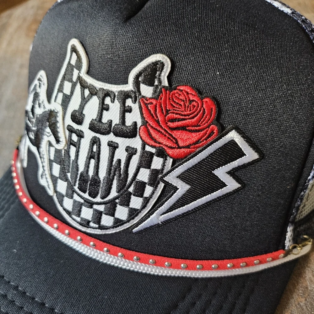 NWT OTTO Black Snapback Trucker Hat with Horse And Yee Haw, Embroidered Patches